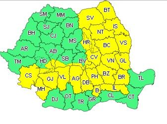 Cod galben de ploi, lapoviţă şi ninsori, inclusiv în Covasna