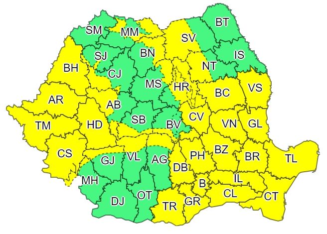 Cod galben de răcire accentuată, ninsori, viscol şi vânt puternic, inclusiv în Covasna