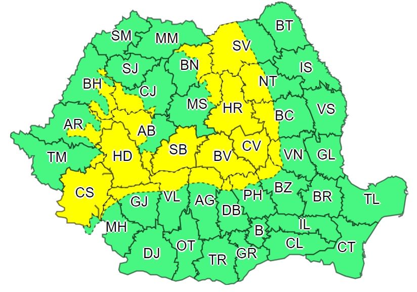Cod galben de ninsori și viscol în zona montană, inclusiv Covasna