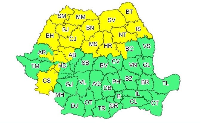 Cod galben de ploi torenţiale şi vijelii în Covasna