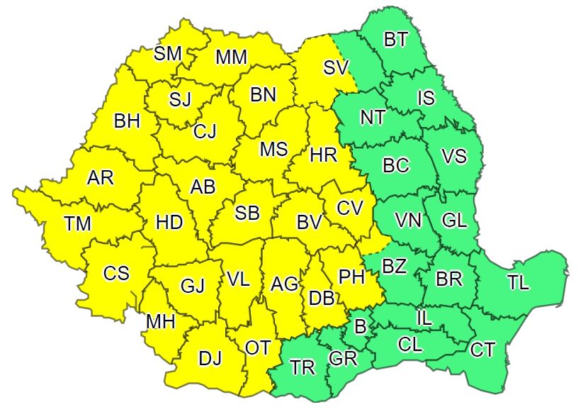 Cod galben de ploi torenţiale, descărcări electrice, vijelii şi grindină, inclusiv în Covasna