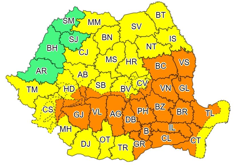 Cod portocaliu de ploi puternice în 23 de judeţe, inclusiv Covasna