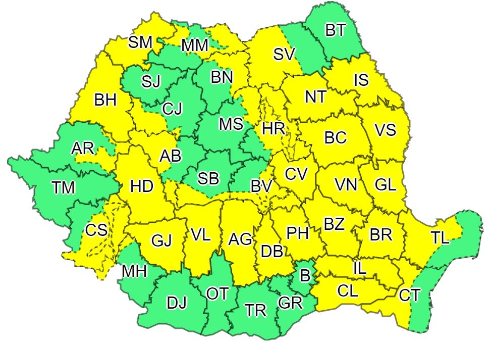 Cod galben de ploi și vijelii în 33 de judeţe, inclusiv Covasna