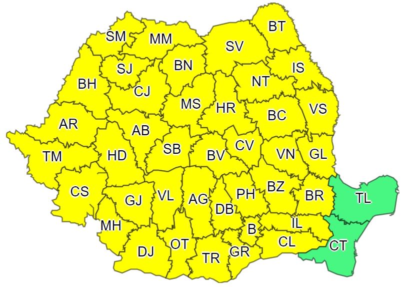 Cod galben de furtuni puternice, vijelii și grindină în aproape toată țara
