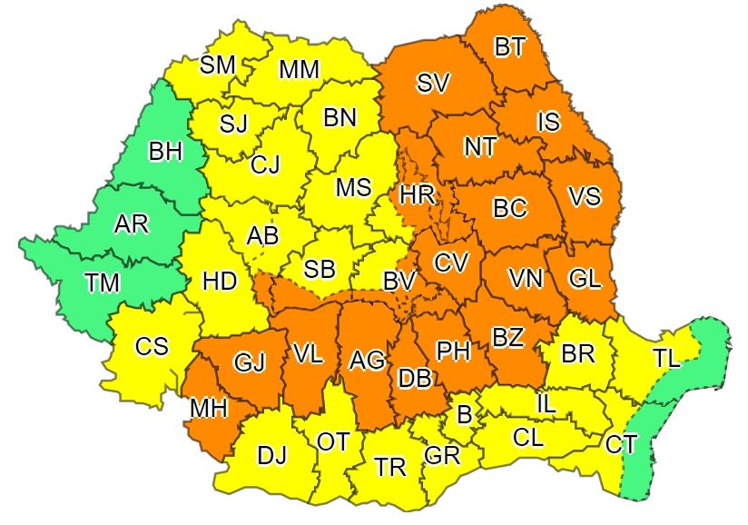 Un nou cod portocaliu de ploi torenţiale în 21 judeţe, inclusiv Covasna