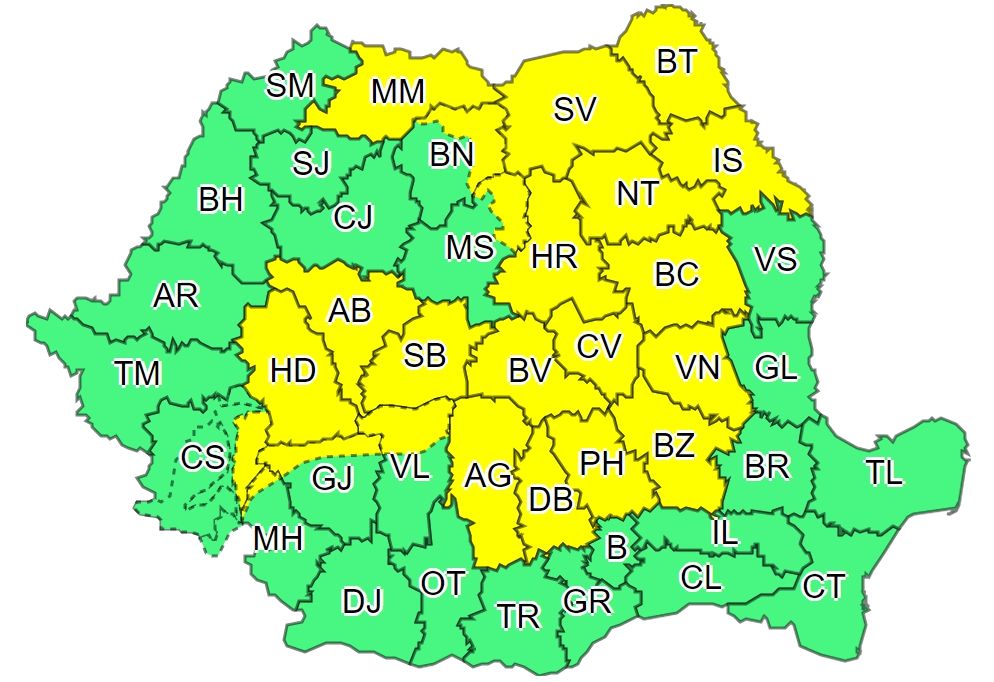 Cod galben de vijelii şi ploi torenţiale în 21 de judeţe, inclusiv Covasna