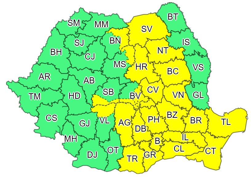 Cod galben de furtuni şi descărcări electrice, inclusiv în Covasna