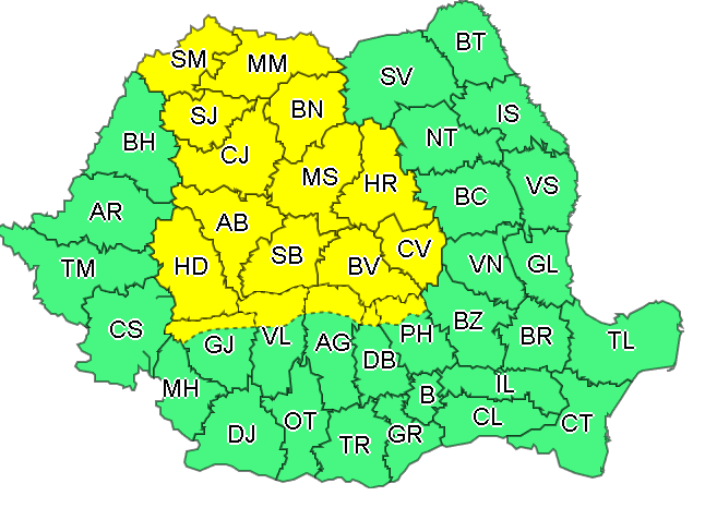 Cod galben de instabilitate atmosferică în 17 județe, printre care și Covasna