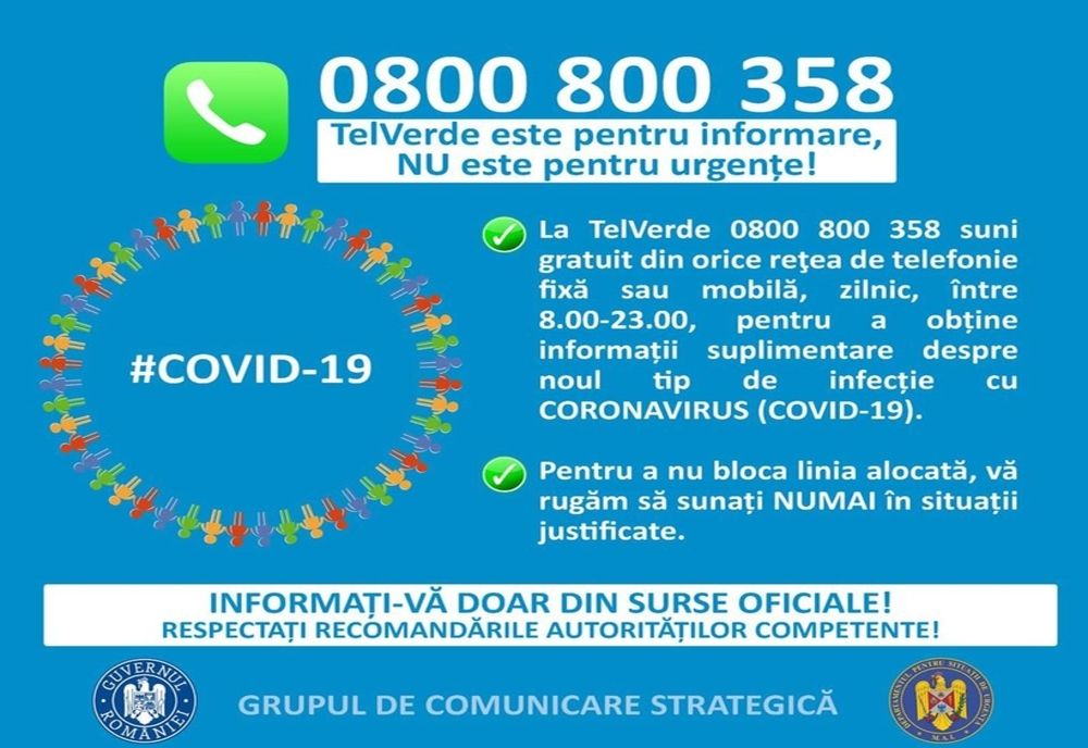 Telverde pentru informații despre coronavirus. Pentru urgențe, sunați la 112!
