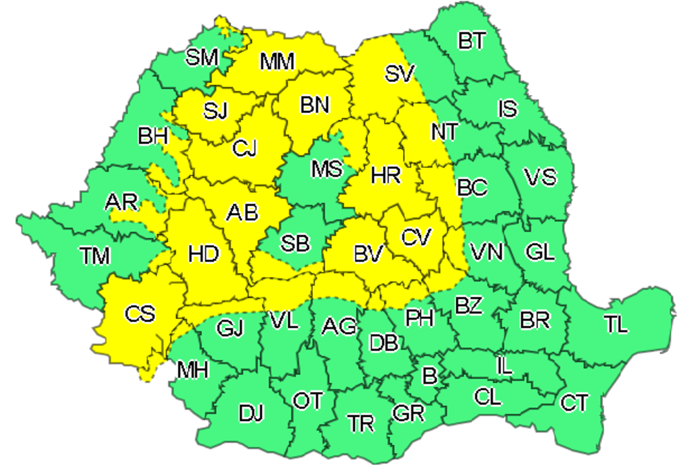 Cod galben de ploi și vânt în mai multe județe din centurl țării, printre care și Covasna