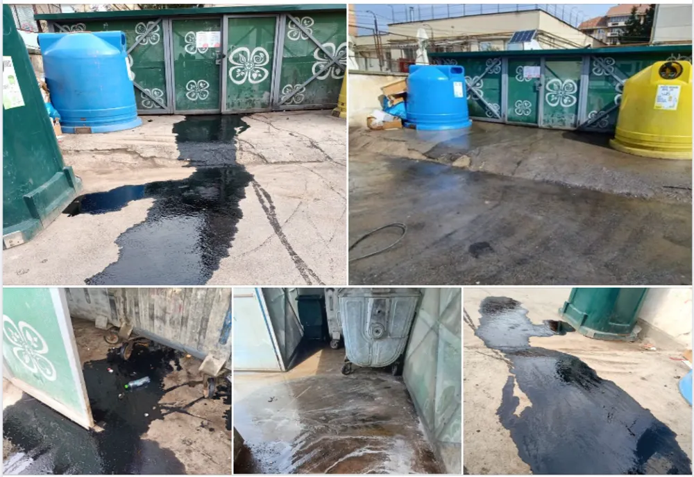Ulei de mașină vărsat în fața unui tomberon din Sfântu Gheorghe