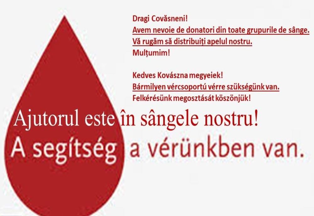 Centrul de Transfuzii Sanguine Covasna nevoie acută de sânge!