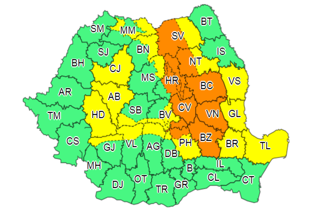 Cod Portocaliu de furtuni în nouă județe, printre care şi Covasna 
